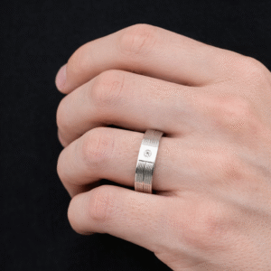 Brushed Silver Ring with Inset Zirconium – Men's Minimalist Band