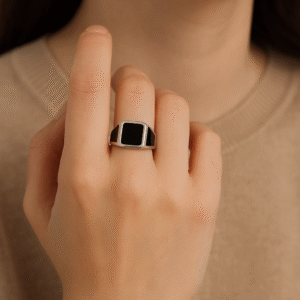 Geometric Black Pattern Ring in Sterling Silver