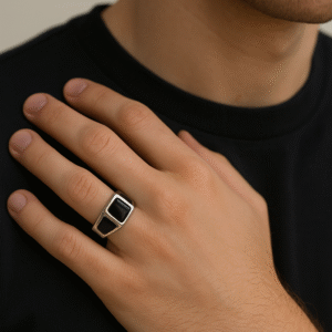 Geometric Black Pattern Ring in Sterling Silver