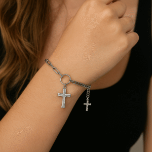 Dual Cross Charm Bracelet in Sterling Silver– Modern Chain Fusion Design