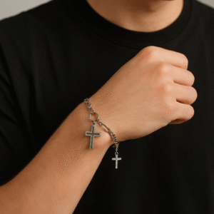Dual Cross Charm Bracelet in Sterling Silver– Modern Chain Fusion Design
