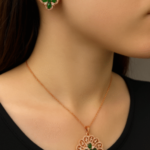 Lightweight 1gm fine Gold Pendant with Earrings | Green Emerald Jewelry Set