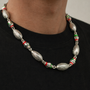 Handcrafted Sterling Silver Beaded Necklace- Vintage Red & Green Accents