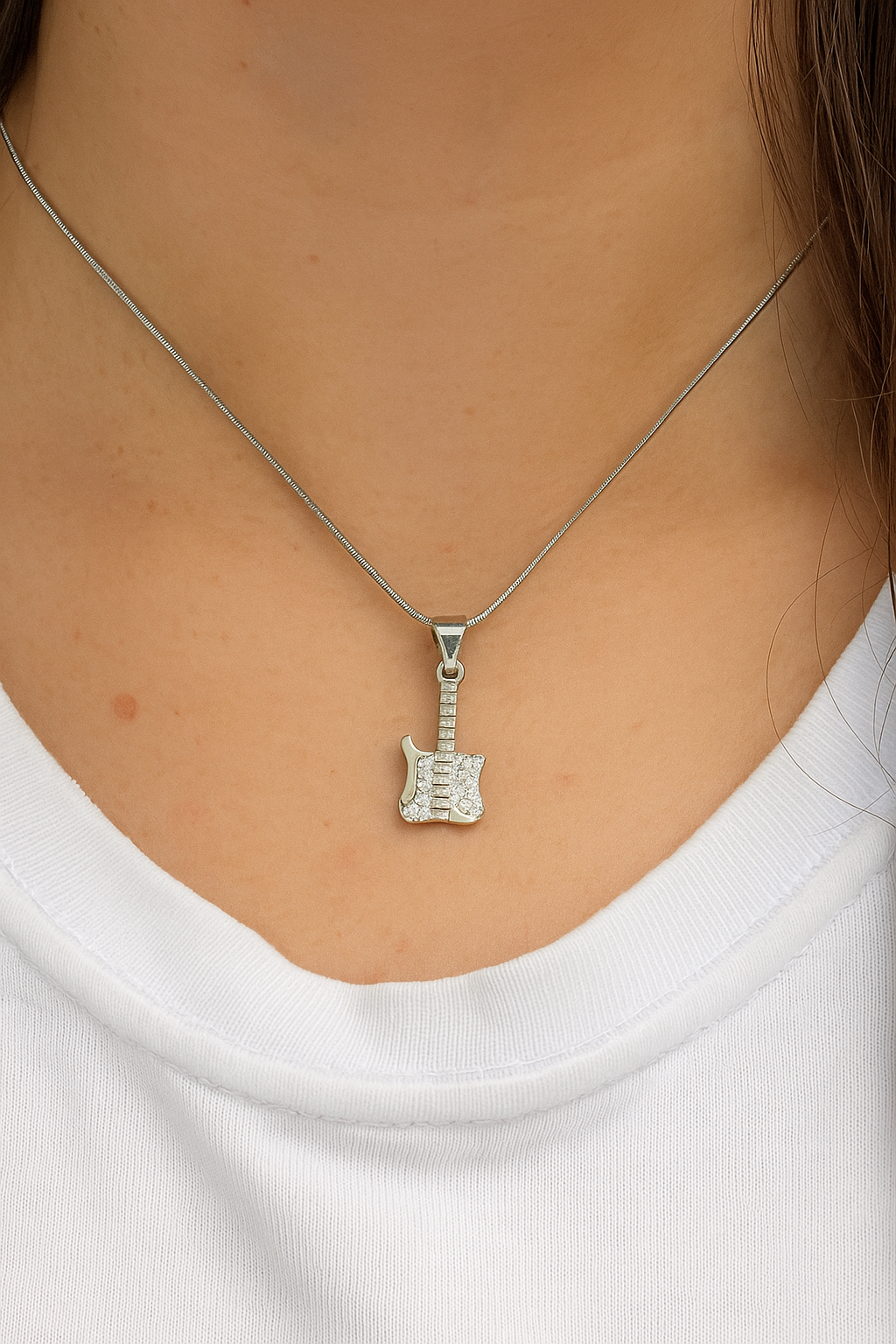 Sparkling Sterling Silver Guitar Pendant Necklace- Diamond-Accented Charm for Music Lovers