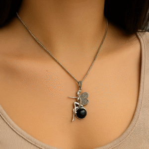 Sterling Silver Vintage Fairy Pendant Necklace with Black Onyx Stone