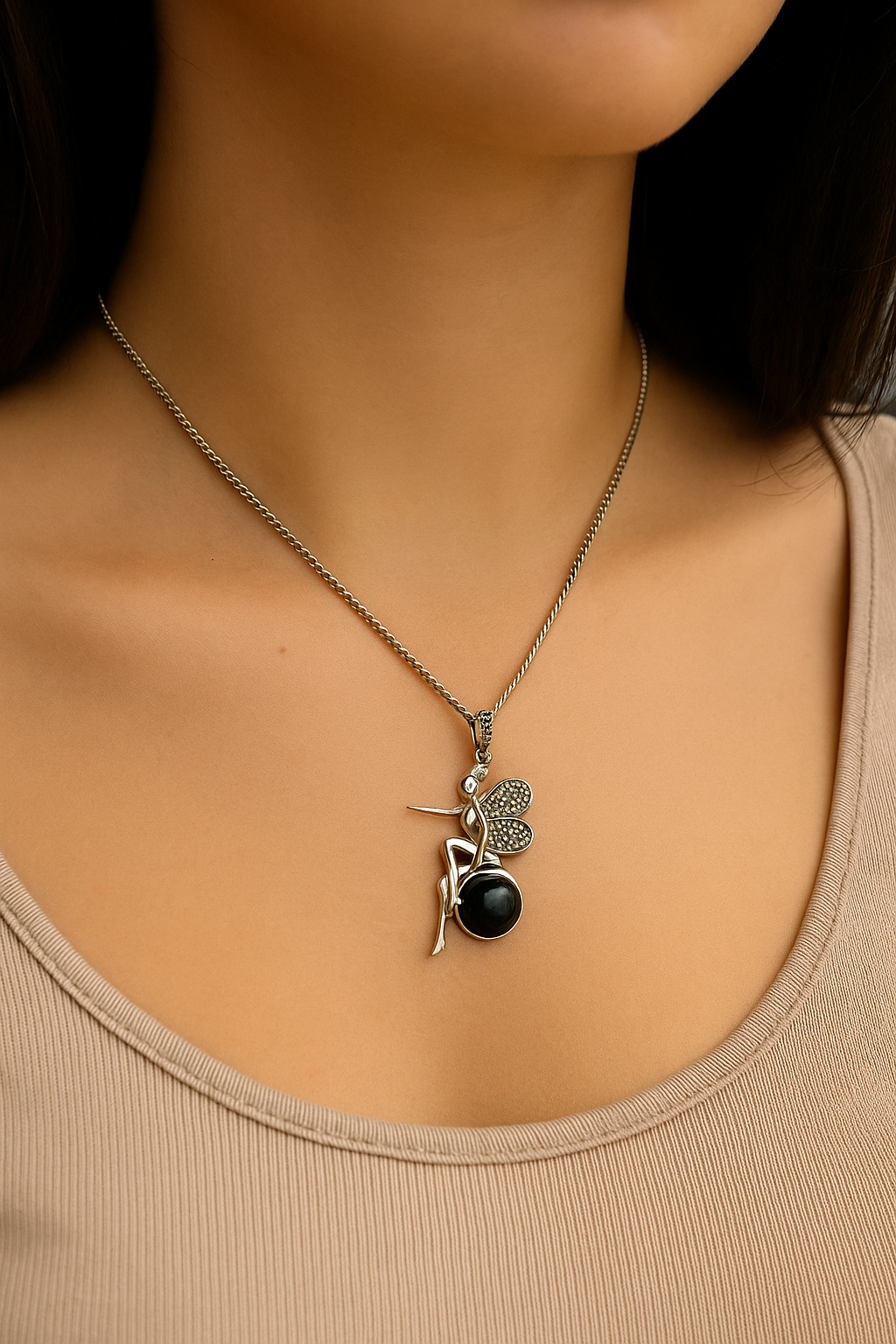 Sterling Silver Vintage Fairy Pendant Necklace with Black Onyx Stone