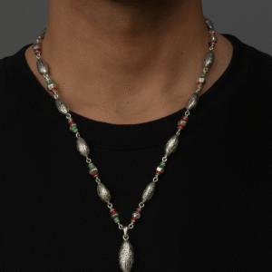 Handcrafted Sterling Silver Beaded Necklace- Vintage Red & Green Accents