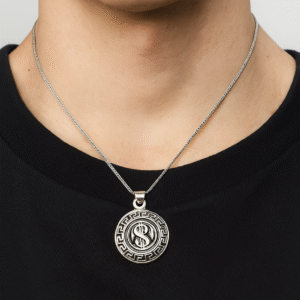 Dollar Sign Sterling Silver Pendant Necklace for Men- Trendy Greek Key Design, Polished Finish