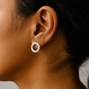 Elegant Sterling Silver Circle Stud Earrings with Baguette Diamond