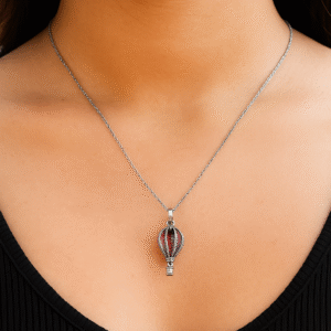 Sterling Silver Vintage Hot Air Balloon Pendant Necklace with Pink Gemstone