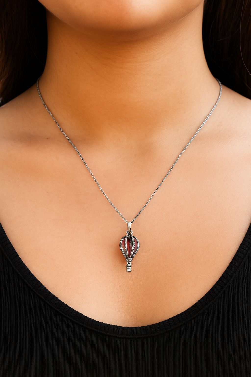 Sterling Silver Vintage Hot Air Balloon Pendant Necklace with Pink Gemstone