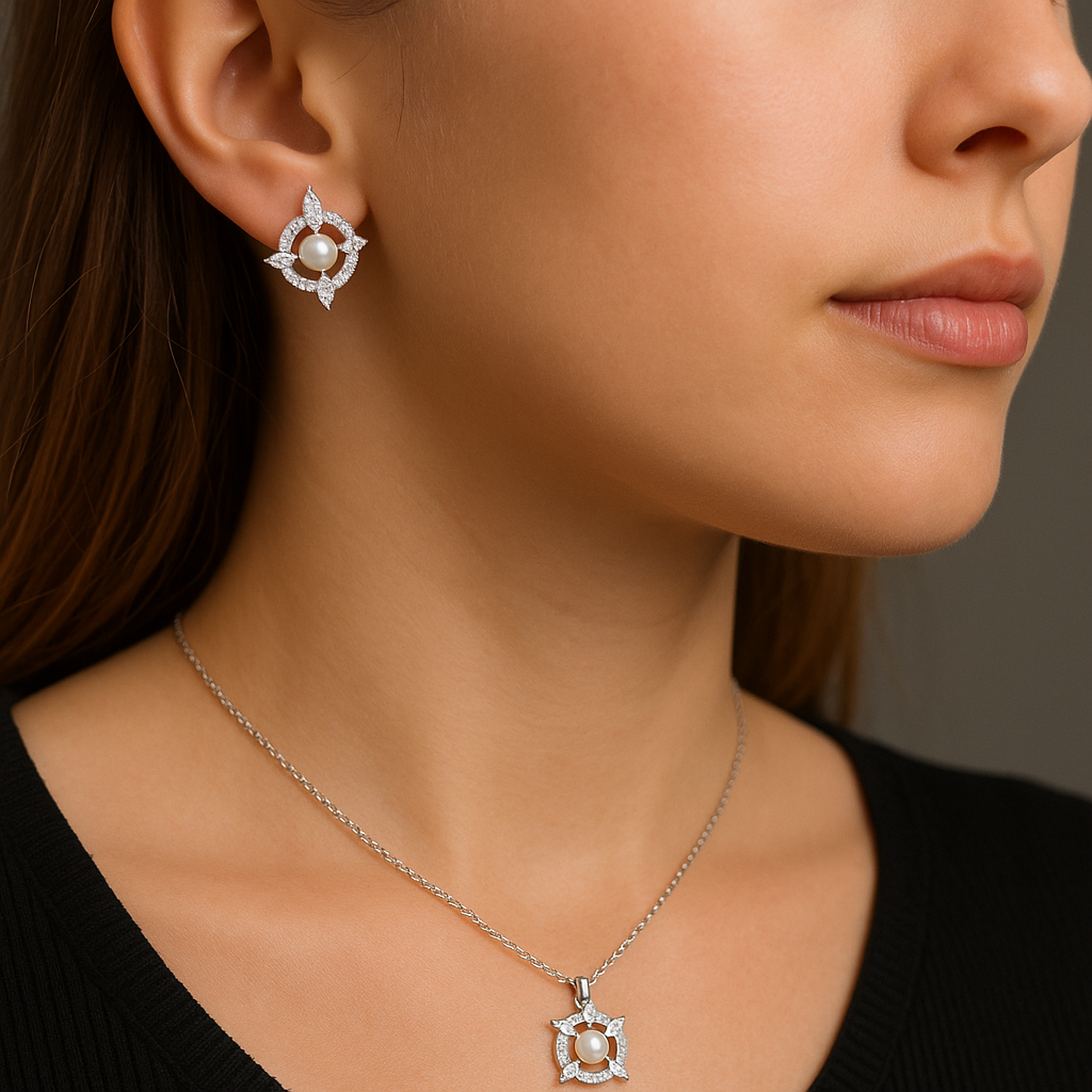 Elegant Pearl & Diamond Halo Pendant Set in Sterling Silver